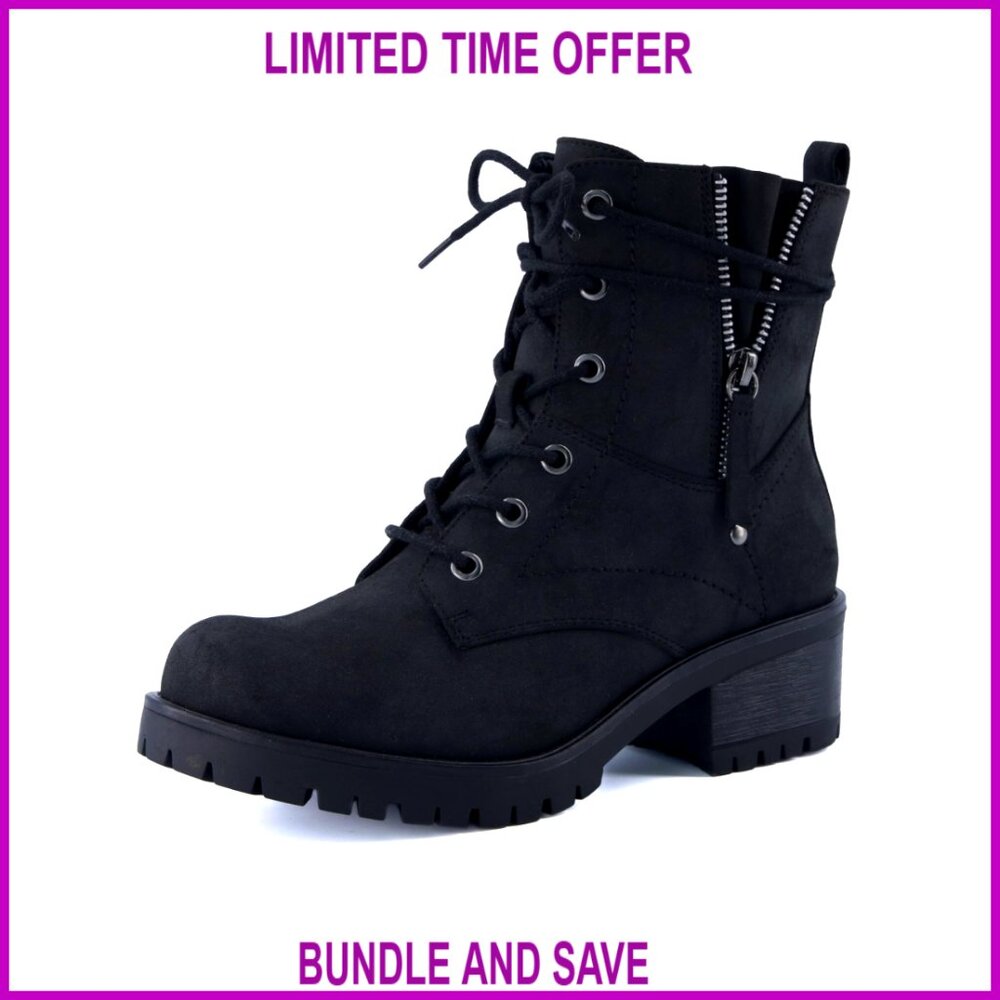 Heeled Combat Boots with Memory Foam, Faux Fur Lining, Wide Widths